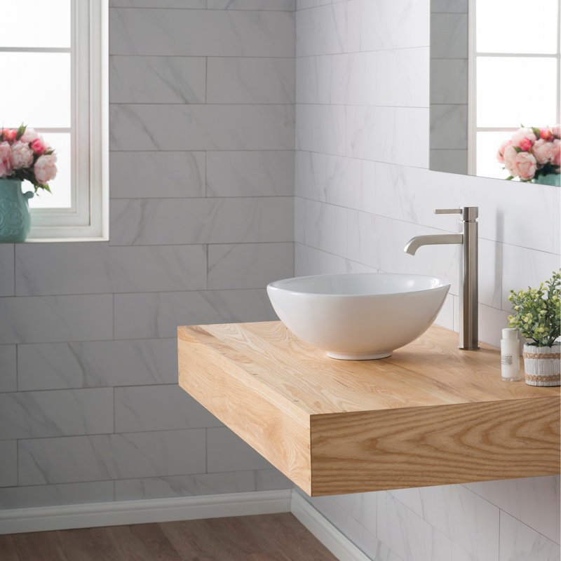 Ceramic Circular Vessel Bathroom Sink with Faucet, Satin Nickel