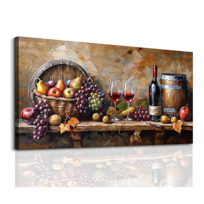 Kitchen Wall Art Grape Barrel Painting Red Wine Glass Fruit Artwork Prints For Dinning Room Bar Canvas Wall Decor For Living Room Food Still Life Abstract Picture Home Decoration 20X40in