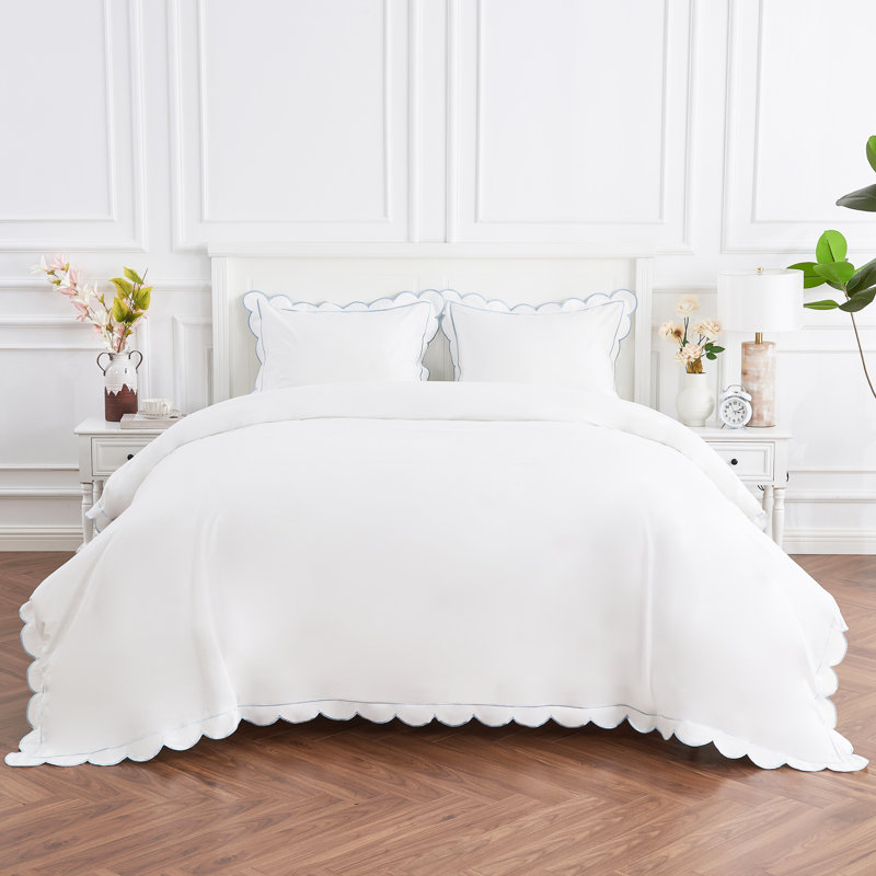 SCALLOP FRAME PERCALE DUVET SET, Blue, King Duvet Cover + 2 King Shams