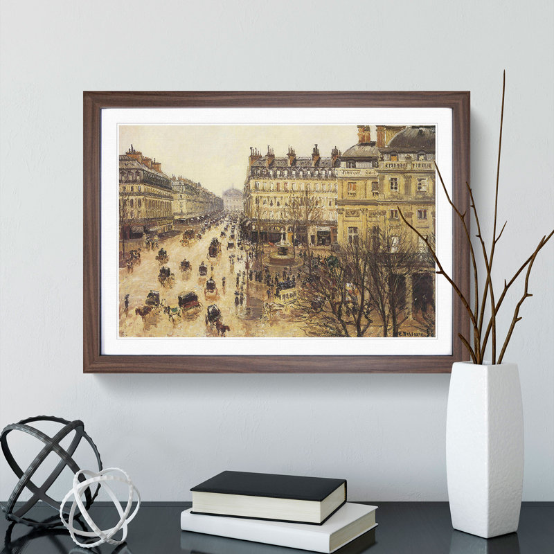French Theatre in the Rain by Camille Pissarro - Picture Frame Painting, Walnut Framed, 27cm H x 36cm W x 2cm D