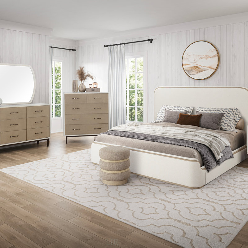 King Upholstered Bed With Toffee & White Sand, Soft Textured Fabric And Modern Design For Elegant Bedrooms