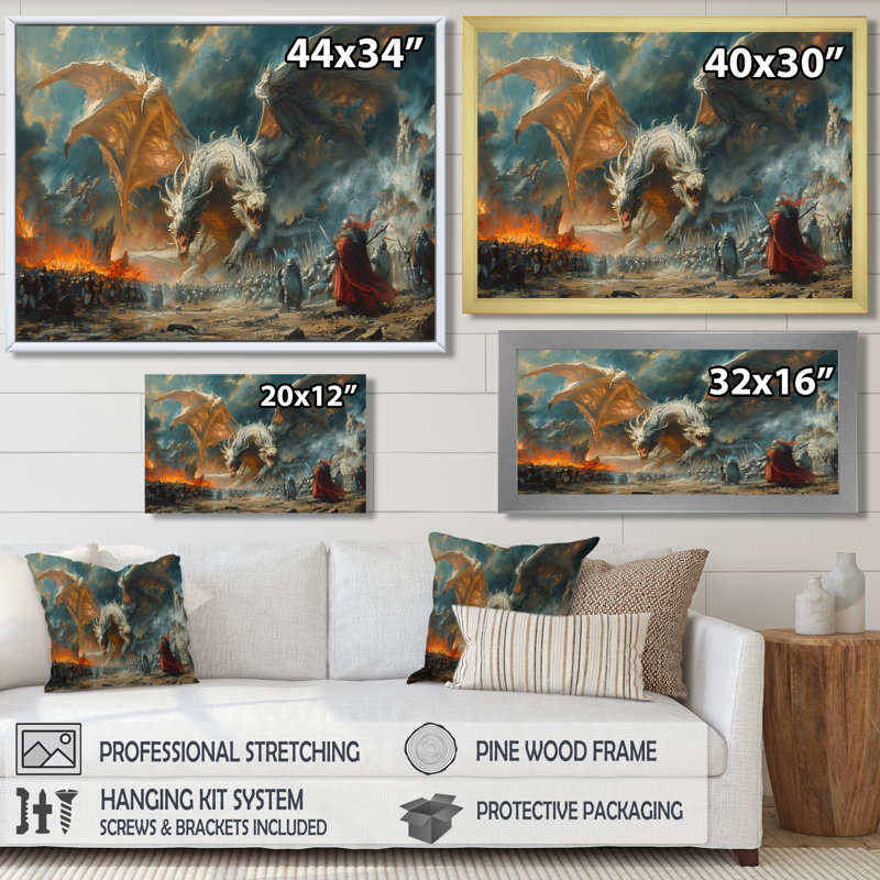 Décoration murale épique entre dragons et militaires II - Dragons, Toile encadrée noire simple, H 24 po x l 32 po x P 1 po