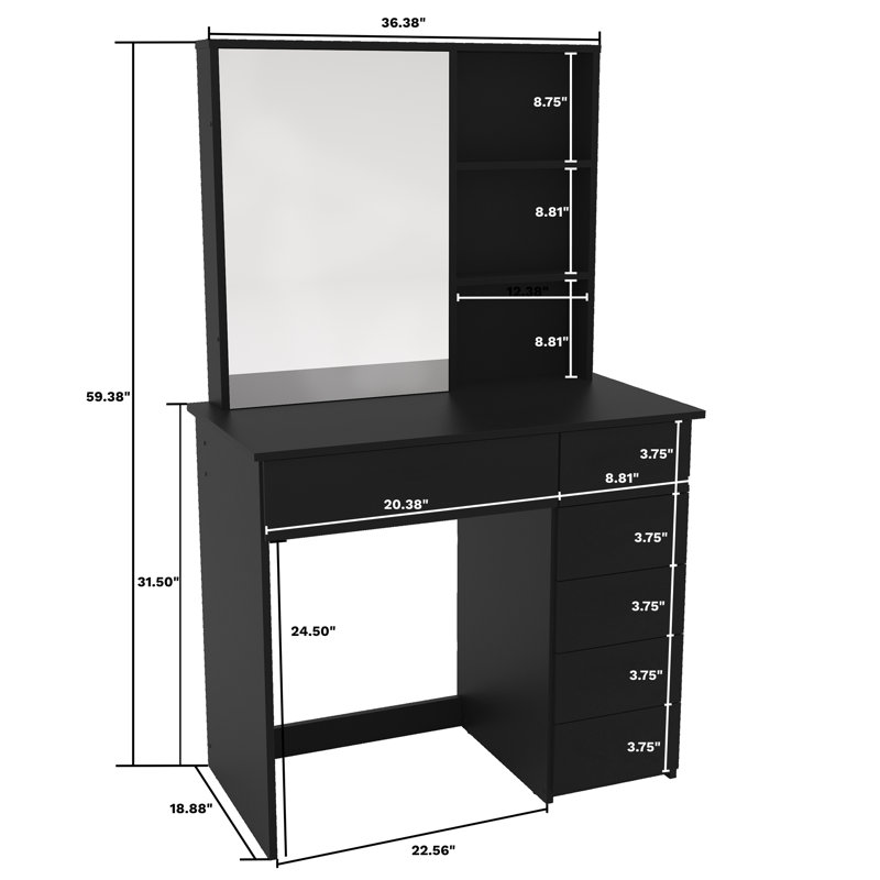 Boahaus Xanthe Lighted Makeup Vanity Desk with HD Mirror, 6 Drawers, and Add-On Lights, Black