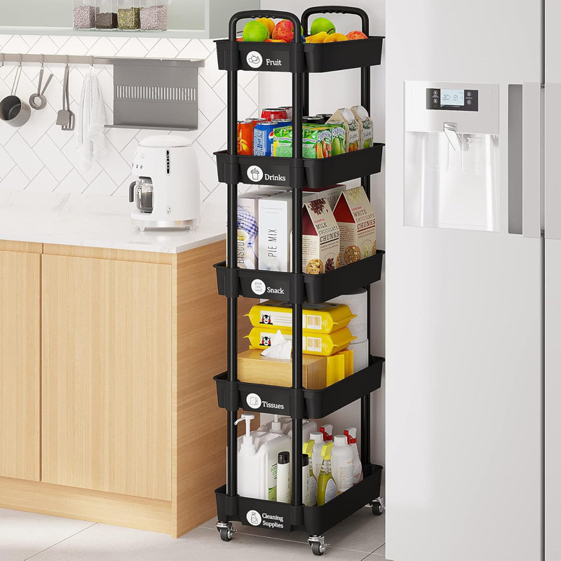 Chariot utilitaire roulant à 5 niveaux avec roues et freins, organisateur de rangement mobile multifonctionnel pour la cuisine, la salle de bain, la buanderie, le bureau, y compris les autocollants classés