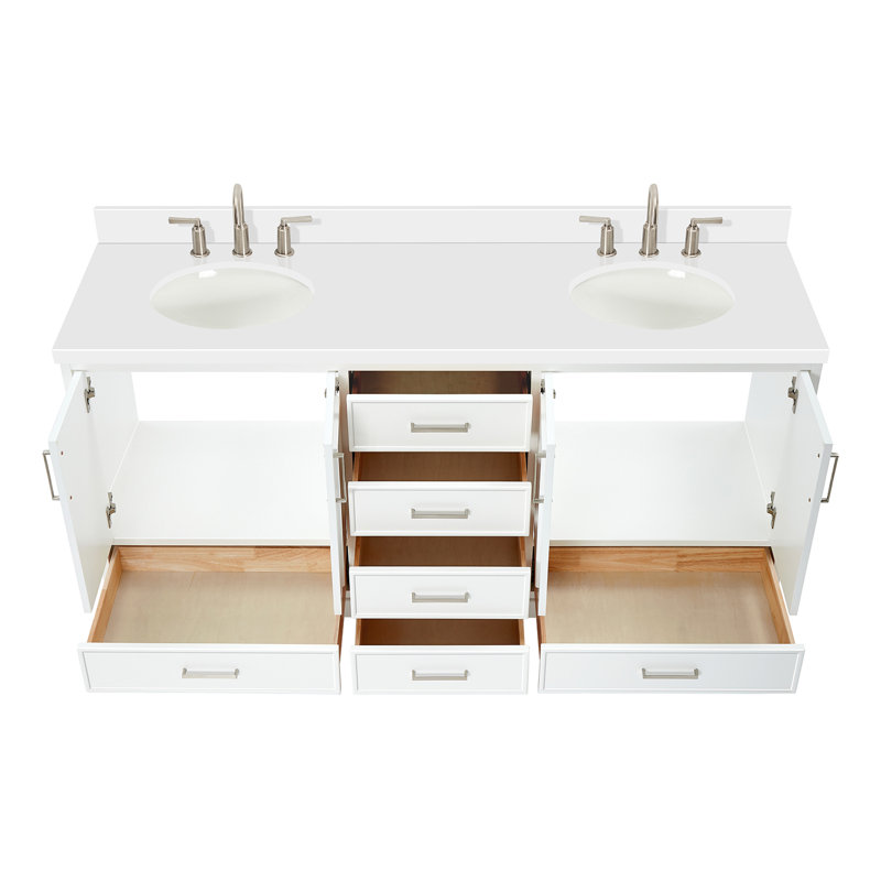 73'' Double Bathroom Vanity with White Quartz Top, White