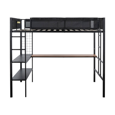 Lit mezzanine double en métal avec bureau et tablettes