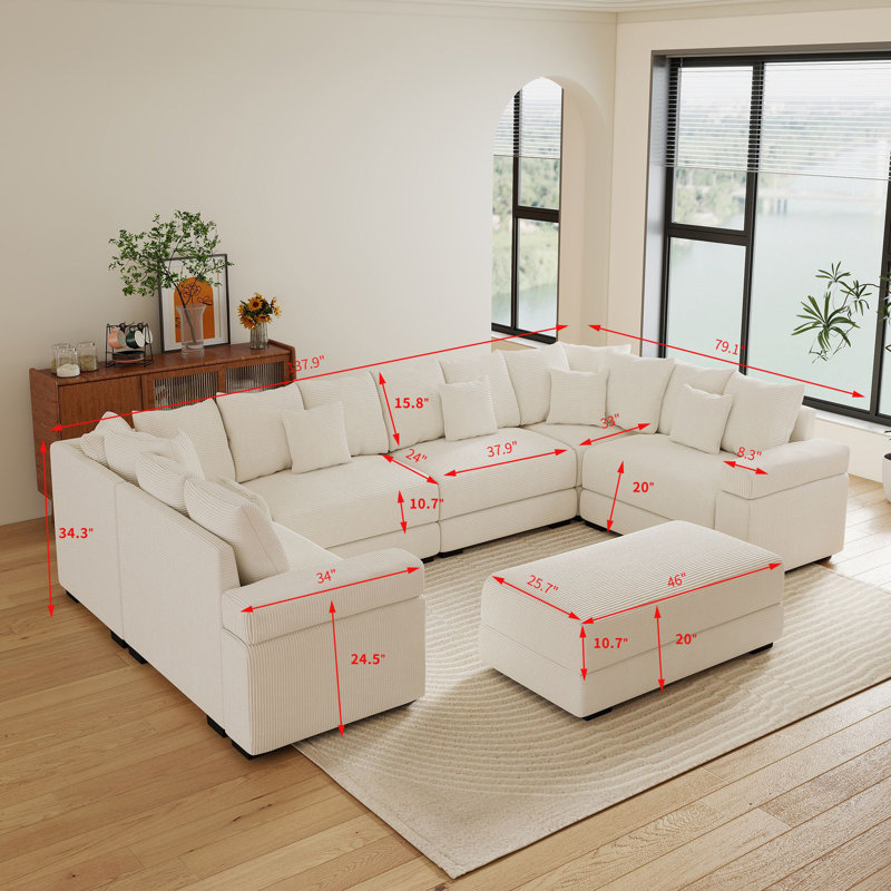 Canapé modulaire surdimensionné en velours côtelé de 7 pièces de 7,7 po de large avec canapé-lit de 46 po de large et repose-pieds