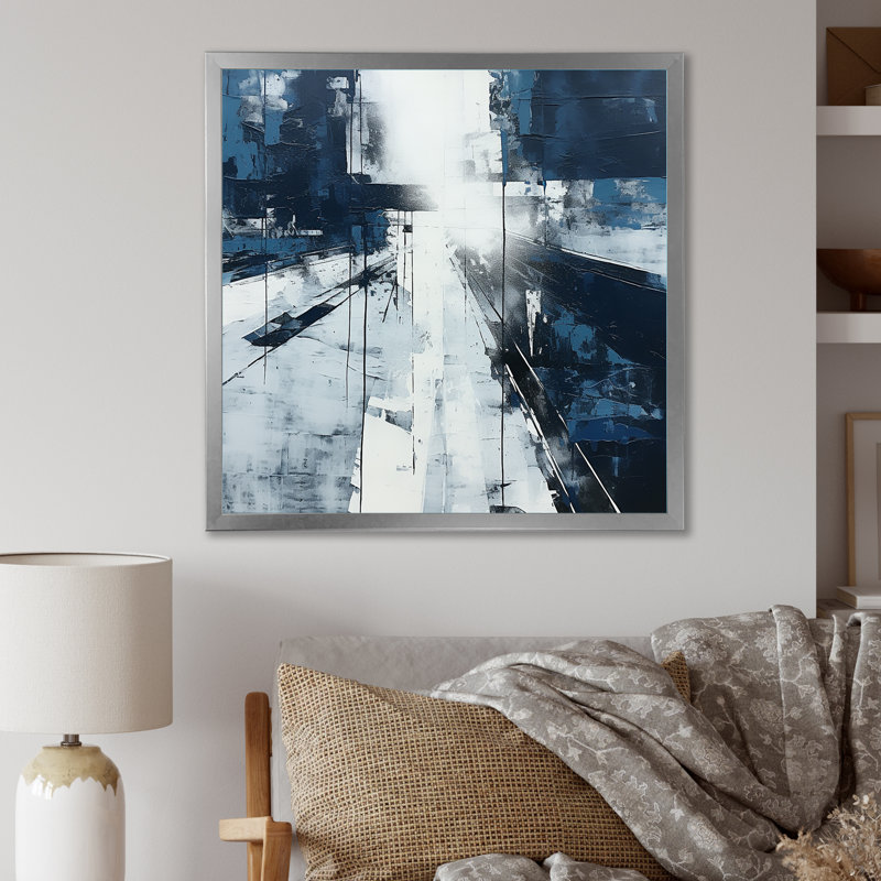 Paysage urbain noir et blanc, route V, art mural, salon, Cadre simple argenté, H 24 po x l 24 po x P 1 po