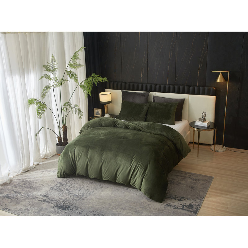 Ensemble d'édredon 100% velours vert Zera, Édredon de grand lit + 4 pièces additionnelles, Vert