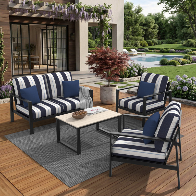 Ensemble de conversation Ulrica avec coussins Sunbrella®, 4 pièces: table, causeuse, 2 chaises, Blue Striped