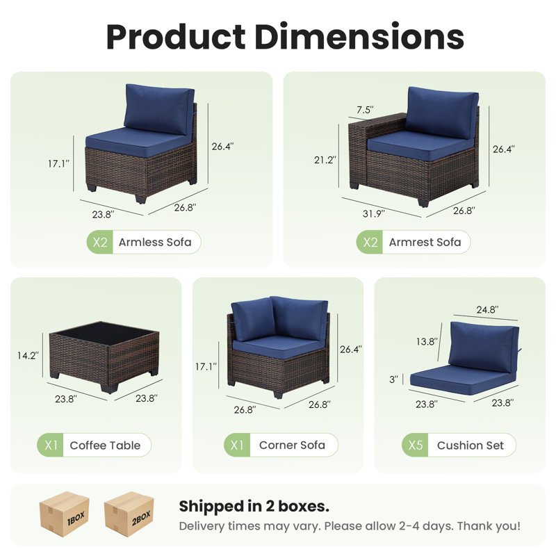 Ensemble de canapé modulaire d'extérieur 6 pièces avec accoudoirs larges, Marine