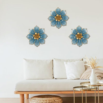 Ensemble de 3 décorations murales florales en métal bleu et or (10 pouces), décoration murale florale 3D en métal bleu pour salle de bain, cuisine, chambre, salon, extérieur, jardin, patio, véranda