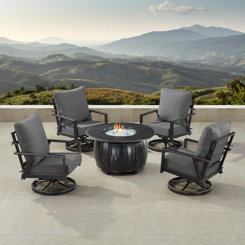 Ensemble de table de foyer en aluminium noir avec quatre fauteuils club, Noir