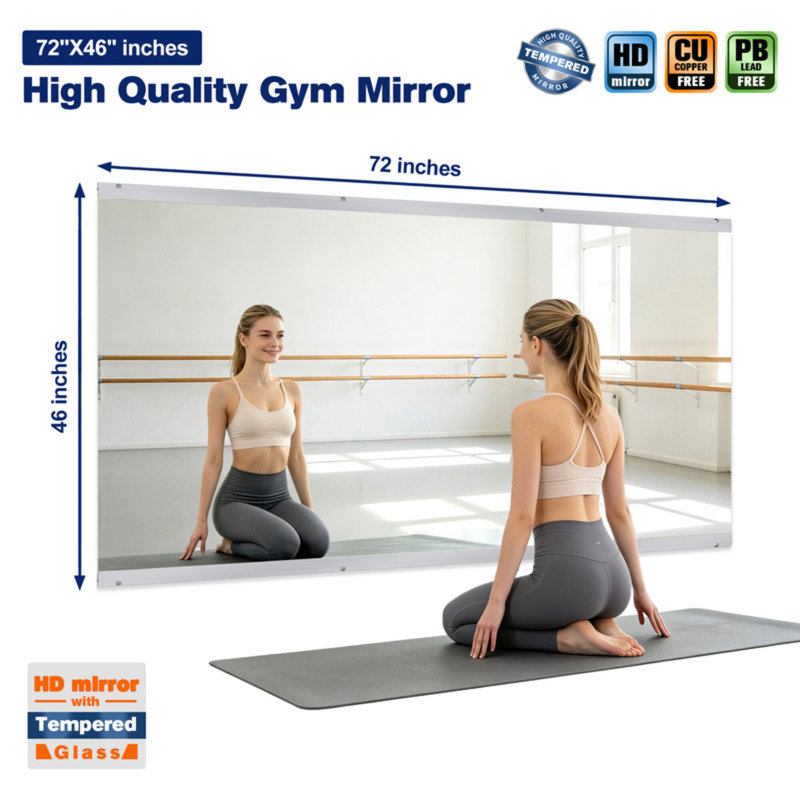 Oversized Home Gym Mirror for Wall, Frameless Rectangle Full Length Wall Mirror, 72" x 46", 4