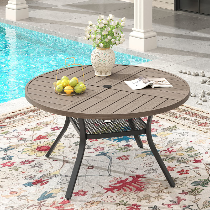 Outdoor Round Patio Dining Table, Gray Woodlike/Black, 28.3" H x 40.6" L x 40.6" W