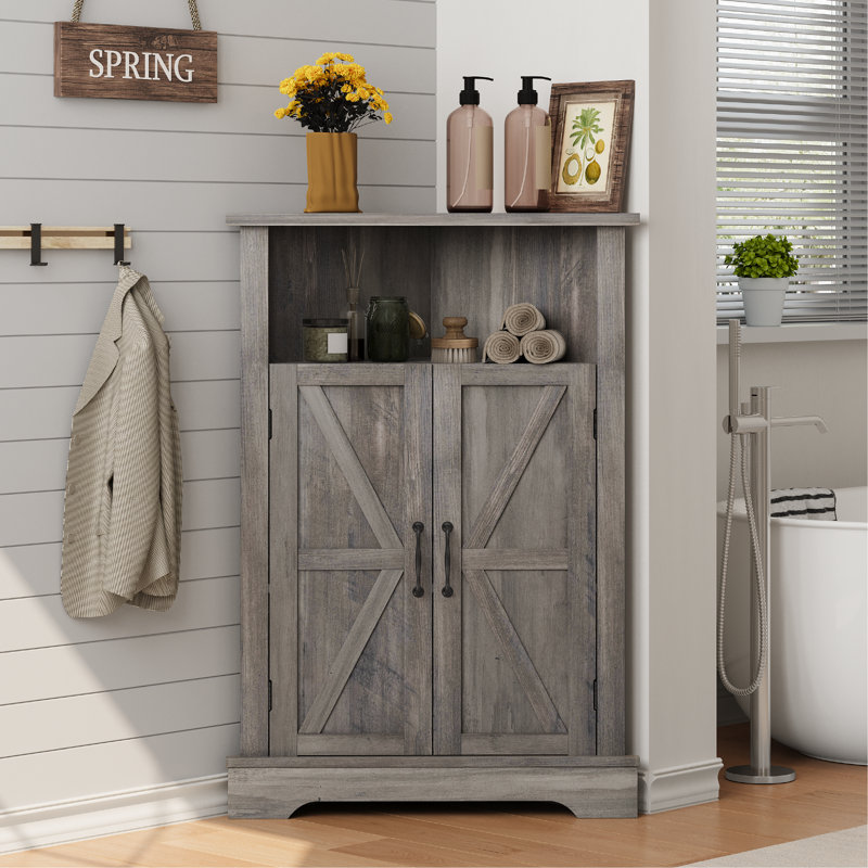 Free Standing Triangle Bathroom Storage Cabinet with Doors & Adjustable Shelves, Home Organizer For Kitchen & Living Room,Gray