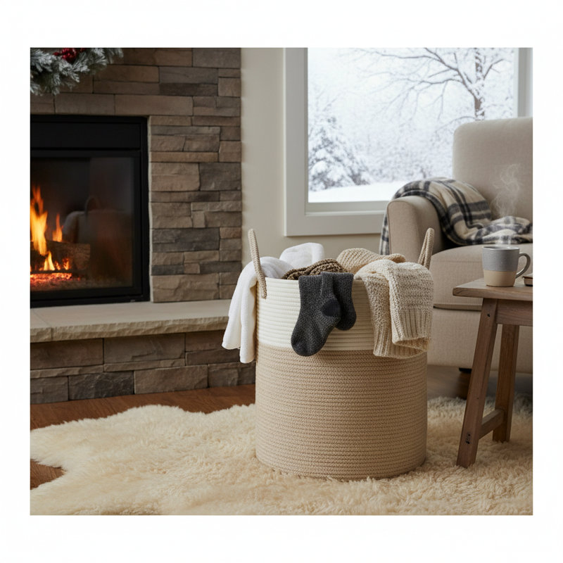 15”x20” Woven Cotton Rope Storage Basket Practical Laundry Hamper for Home Use, Brown