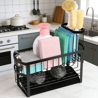 Support de rangement pour évier de cuisine à 2 niveaux avec porte-brosse à casseroles, support d'évier ovale pour éponge, savon et linges à vaisselle, organisateur d'évier stable