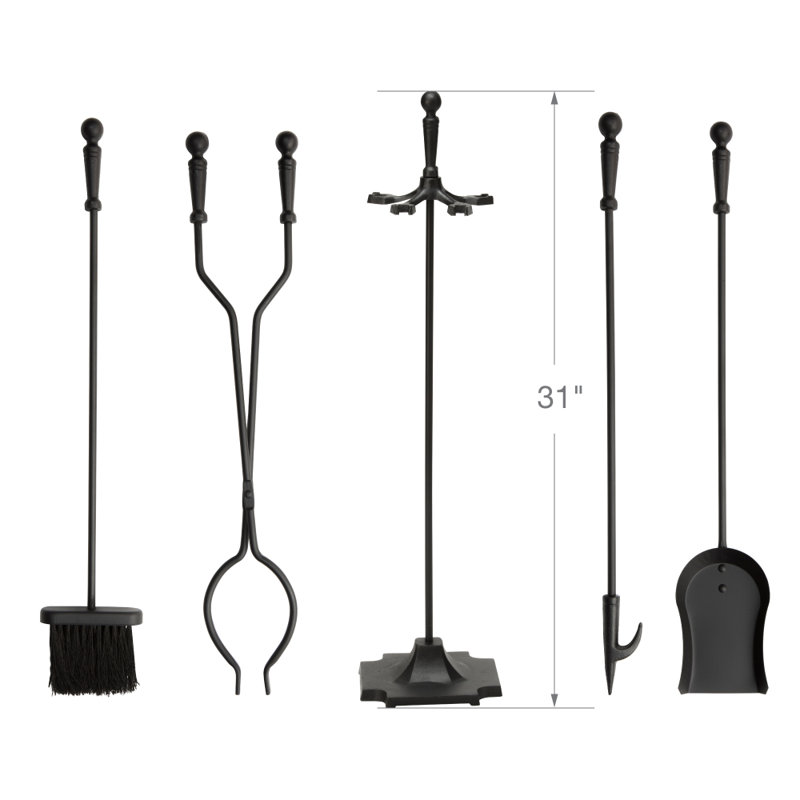 Black Iron 5-Piece Fireplace Tool Set with Ergonomic Handles