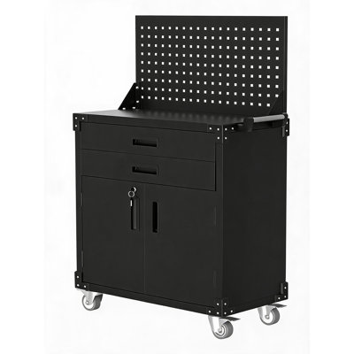 Rolling Tool Cabinet, Heavy Duty Steel Garage Storage Cabinet with 2 Drawers, Pegboard & 4 Wheels, Lockable Tool Cart Workbench for Workshop, Warehouse