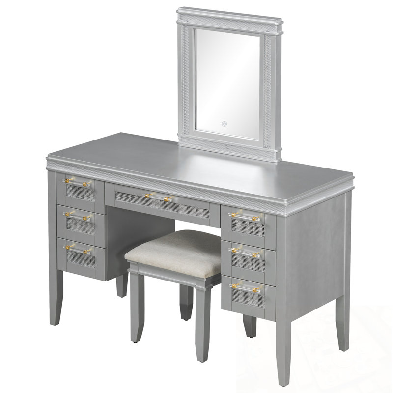 Makeup Vanity Desk with Light Mirror, 7 Drawers and Cushioned Stool, Grayish Blue