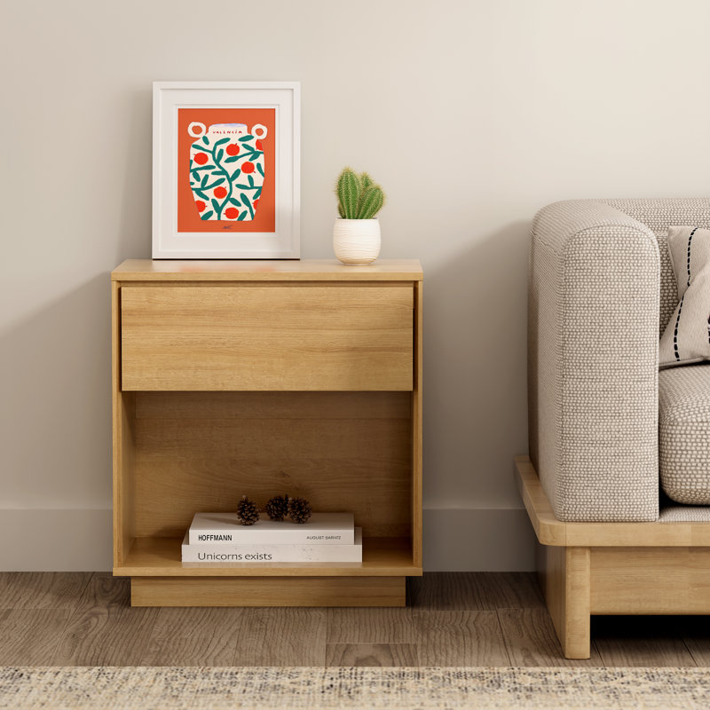Nightstand, Wood End Side Table With Storage And Open Shelf, Individual, Natural Oak