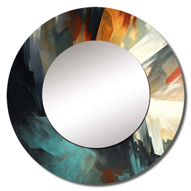 Raeola - mélange de couleurs abstraites orange et bleu I - miroir minimaliste, miroir mural rond orange unique, impression sur métal