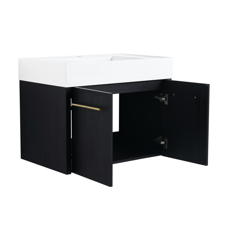 30" Bathroom Vanity, Black Chestnut Appearance, Thick Resin Basin, Smooth Hinges, Contemporary Sink 30 Inch Cabinet With Sink, Wall Mounted, Color, Edged Silent Accessory
