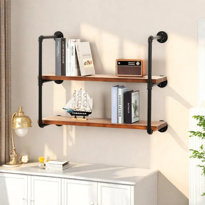 Industrial Pipe Shelving,Iron Pipe Shelf With Wood For Kitchen,Wall Mounted Shelf Rustic Black Pipe Floating Shelves For Bathroom 2 Tier,Brown(3-Tier With 2 Boards,36In)