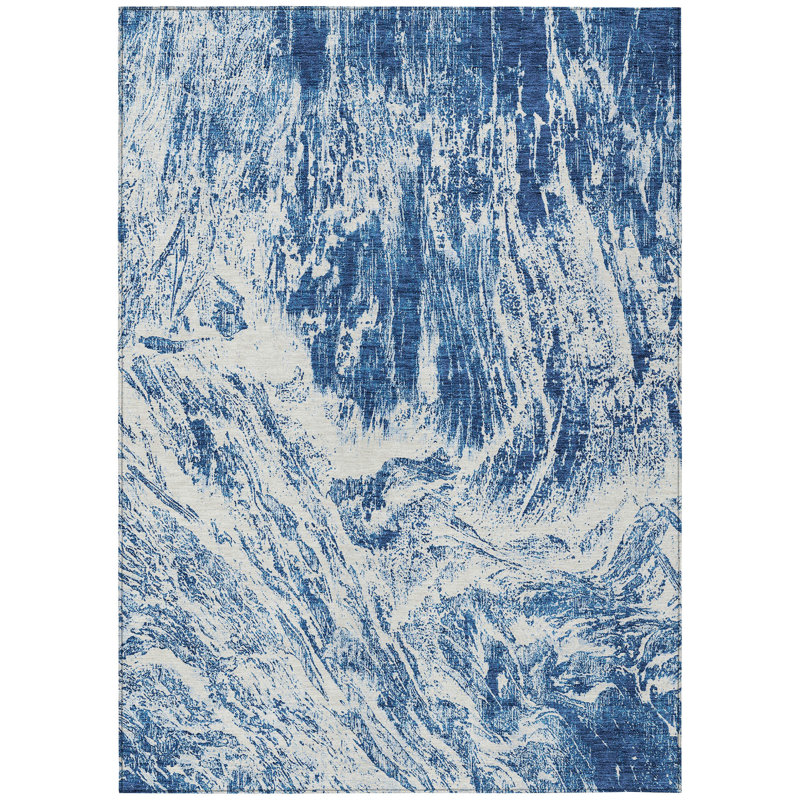 3' X 5' Navy Blue And Ivory Abstract Washable Indoor Outdoor Area Rug