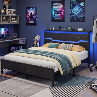 Structure de lit avec charge USB intégrée, conception en métal sans bruit et tête de lit à DEL