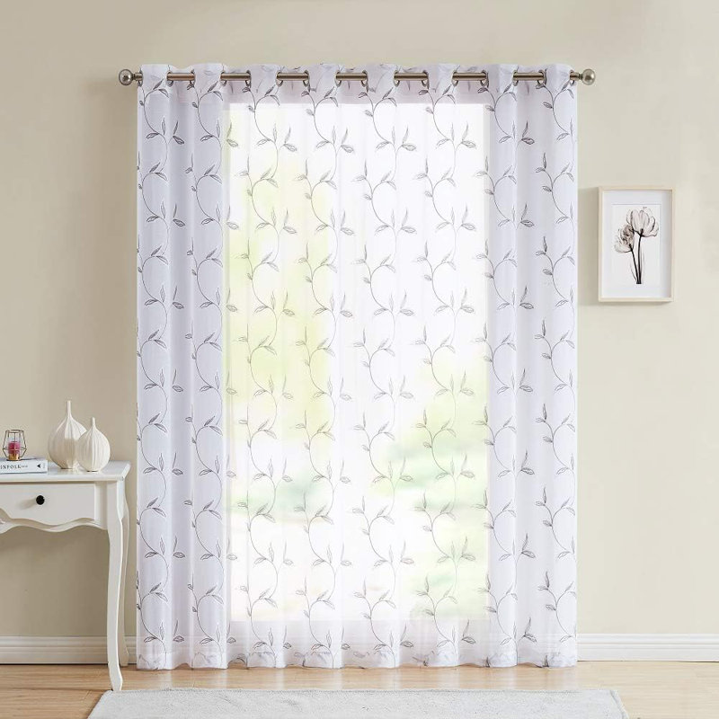 Sheer Faux-Linen Sliding Door Curtain Panel With Rustic Stitched Leaf Embroidery, Charcoal