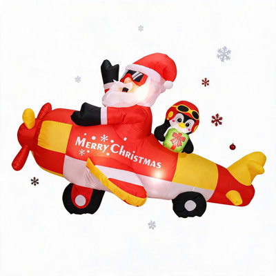 Père Noël gonflable conduisant un pingouin en avion - Décoration gonflable de Noël, décoration des fêtes, décoration extérieure de Noël, décoration gonflable festive et décoration pour fête de Noël