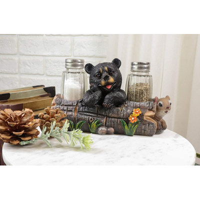 Joriel Black Baby Bear Cub Sitting In Log With Squirrel Salt And Pepper Shakers Holder Statue 6.75"Long Cabin Lodge Whimsical Bear Dining Table Centerpiece