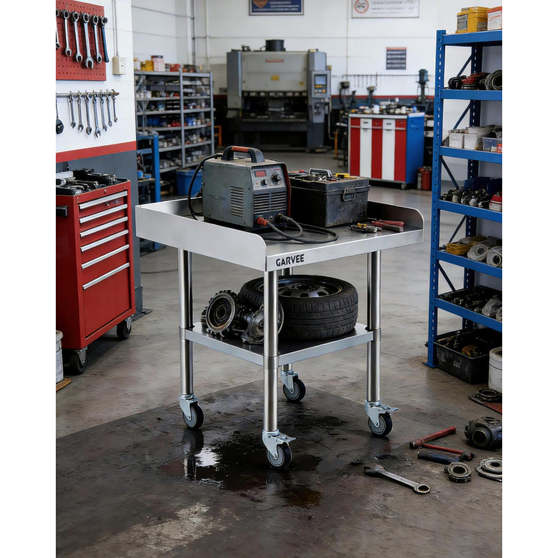 Mobile Stainless Steel Prep Table with Splash Guard & Undershelf, Heavy Duty Commercial Kitchen Cart, 26" H x 24" L x 24" W