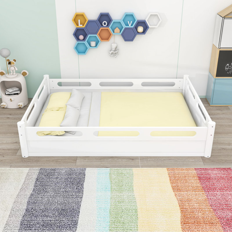 Floor Platform Bed with Guardrails, White, Queen