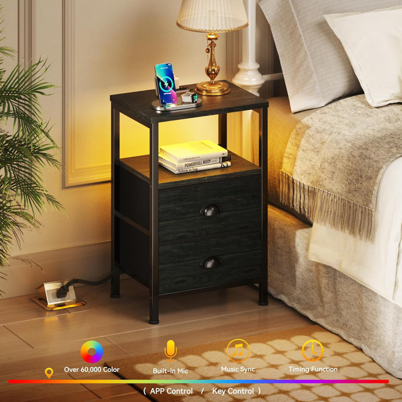 Nightstands Set of 2, End Tables with Charging Station and LED Lights