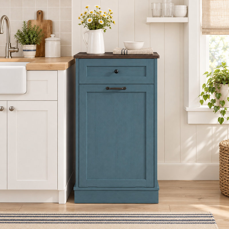 Armoire à poubelle inclinable, armoire à poubelle en bois pour la cuisine et la lessive - Bleu, Blue