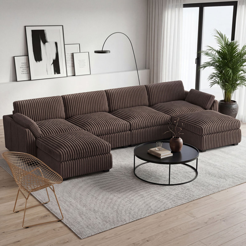 Plush Wide Corduroy Modular Sectional Sofa With Ottomans, L U Shaped Livingroom Sofa, Brown Corduroy