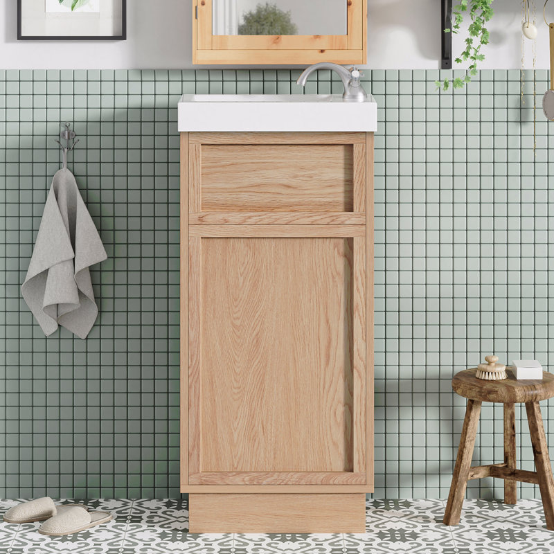 Meuble-lavabo de 15,75 po avec lavabo réversible en résine, armoire en panneau de fibres à densité moyenne, tablette réglable + porte à pousser, finition en mélamine grain de bois, porte réversible, style rustique
