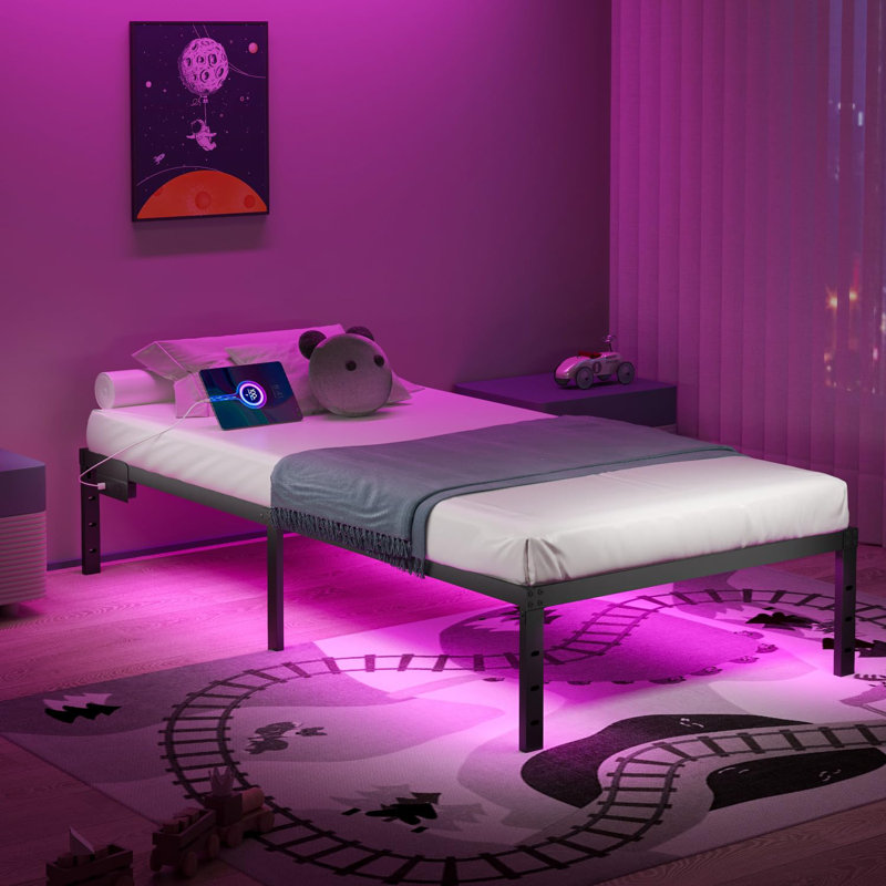 14 Inch Platform Bed Frame With Led Lights Charging Station Black Metal Mattress Foundation No Box Spring Needed Large Storage Space Anti-Noise