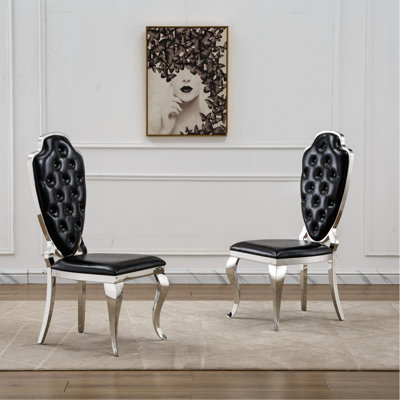Ensemble de 2 chaises de salle à manger en acier inoxydable, chaises de cuisine rembourrées en similicuir avec pieds polis miroir et dossier capitonné pour salle à manger, salon (noir, argent)