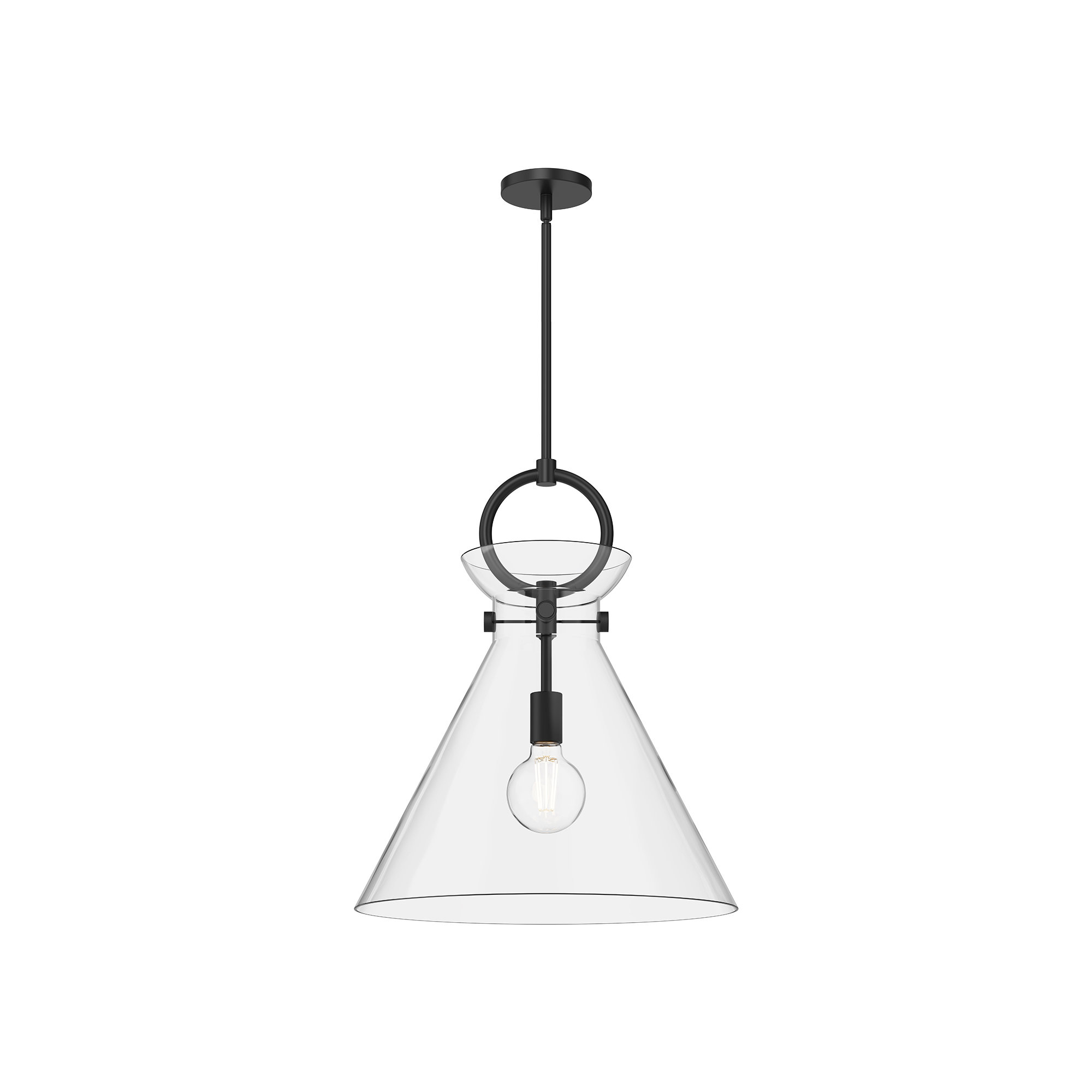 Tiney Single Light Glass Steel Pendant, Matte Black/Clear, 21.75" H x 18" W x 18" D