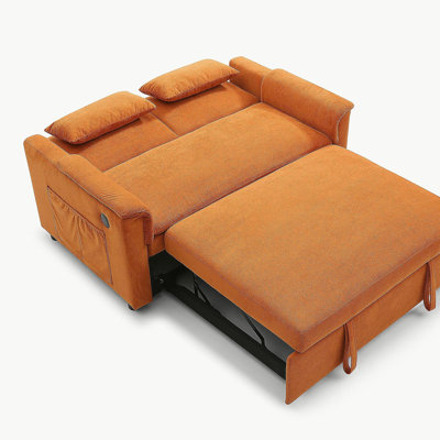 Canapé-lit coulissant à deux places en velours de 55 po, dossier réglable avec ports USB, deux poches latérales, canapé-lit convertible 3 en 1, causeuse moderne, 2 coussins pour le salon