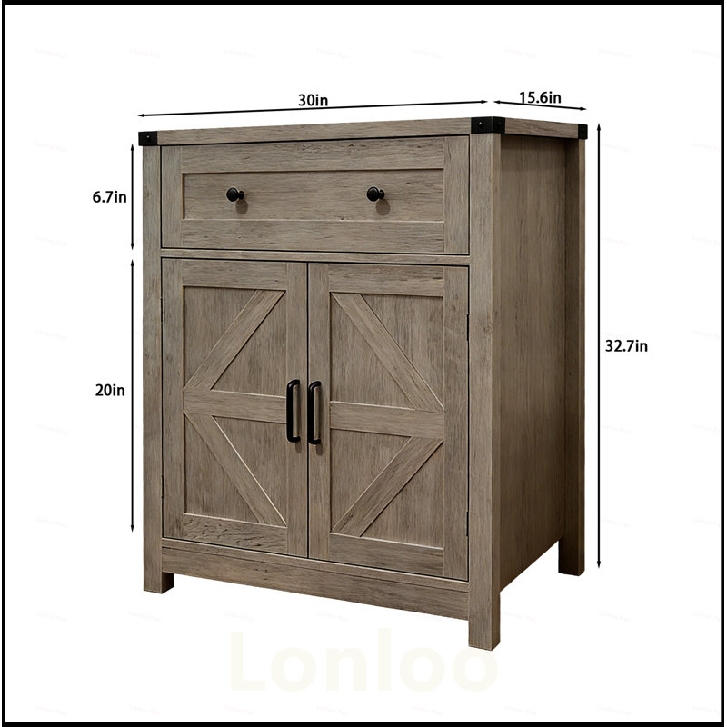 Washed Wood Farmhouse Barn-Door Storage Cabinet, Coffee Bar Buffet Sideboard with Drawer for Kitchen and Living Room, Grey