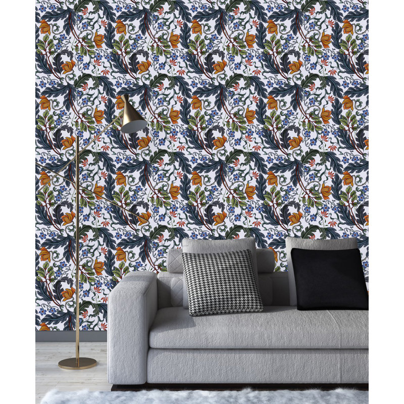 Panneau de papier peint blanc avec feuilles et fleurs, L 25 po x L 125 po