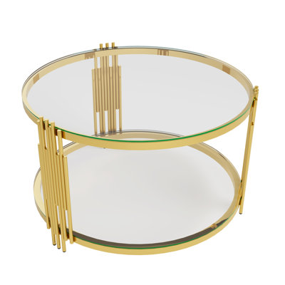 Table basse moderne en verre de 31,5 pouces avec structure asymétrique en métal, base cylindrique circulaire dorée et tablette de rangement inférieure