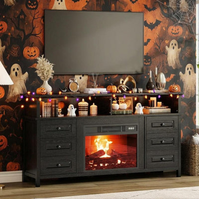 Meuble télé 60 po pour téléviseur de 65 po ou moins avec foyer électrique de 23 po, meuble audio-vidéo Farmhouse, console multimédia en bois avec 6 tiroirs et 2 tablettes ouvertes pour le salon