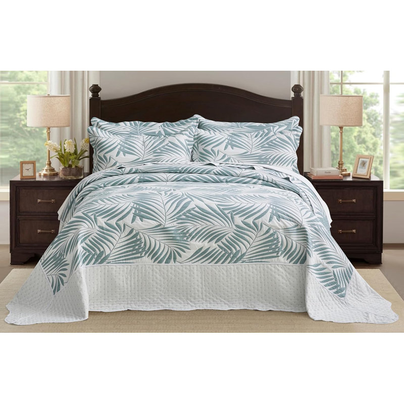 5-Piece Oversized Jacquard Matelasse Leaf Damask Bedspread Set Textured Dot Scalled Edge Border, White/Blue Sage Floral