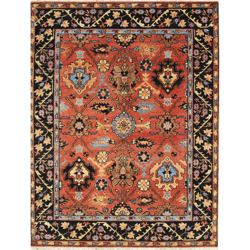 Red Hand-Knotted Wool Linked Rosettes Geometric Modern Contemporary Carpet Rug, 10' x 14'